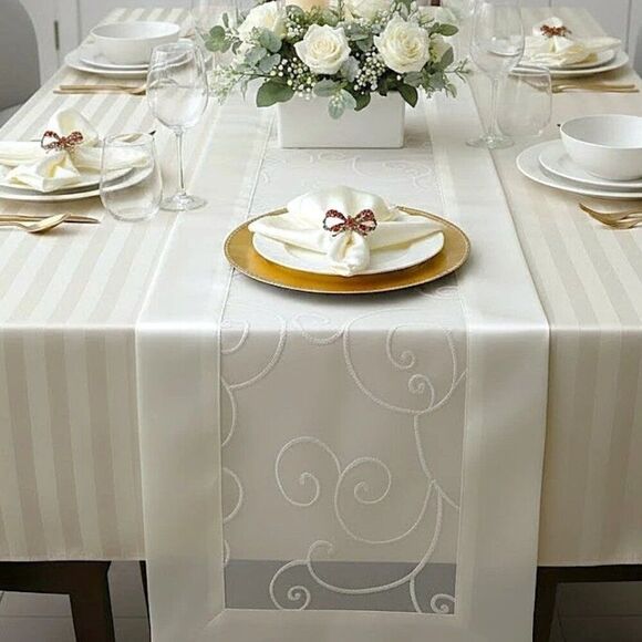 Other - Ivory Tablecloth, 8 Napkins and Runner, Polyester Damask